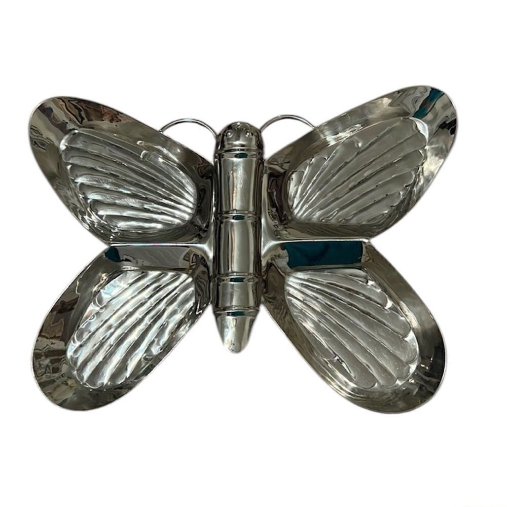 Silver colored butterfly shape candy dish trinket holder makeup tray EUC